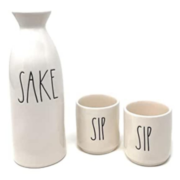 Rae Dunn SAKE Pitcher SIP Cups Glossy White Cerami